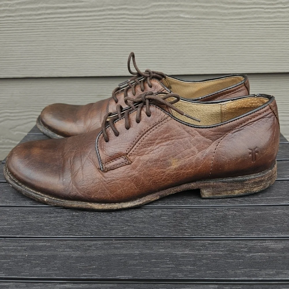 Frye Phillip Oxford 84570 Brown Leather Lace Up Plain Toe Oxfords Shoes Mens 10D